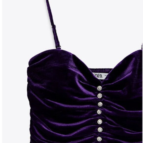 Zara Purple Velvet Ruched Crop Top with Spaghetti Straps - Size Small NWT - Picture 4 of 9